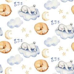 Cute dreaming cartoon animal hand drawn watercolor seamless pattern. Sleeping charecher kids nursery wear fashion design, baby shower invitation