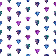 Watercolor seamless pattern of jewelry stones. Pattern for printing on wrapping paper, textile, fabric. Glamour illustration of multi color brilliants and sapphires