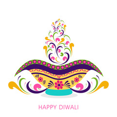 Diwali celebration occasion with floral decorated illuminated lit lamp shape.