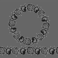 Hand drawn doodle style peony flower wreath and seamless brush.