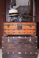 Old fashioned items on wooden shelf. Colorful of ancient collection in vintage style. Royalty high quality free stock image.