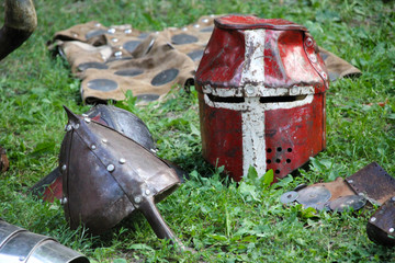 Medieval red knight's battle helmet props