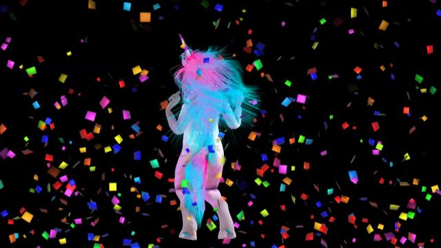 Seamless funny animation of a go go dancer unicorn dancing samba with a rain of rainbow color confetti.