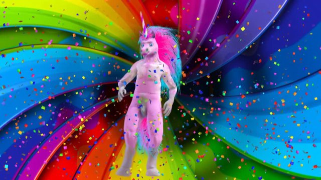 Seamless funny animation of a go go dancer unicorn dancing samba with a rain colorful confetti and a rainbow background. Gay pride backdrop.