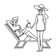 young couple relaxing in beach chair drinking juice fruit