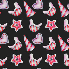 Seamless pattern of watercolor Christmas decorations in scandinavian style, hand drawn on a dark background