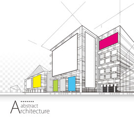 3D illustration architecture building perspective design, modern urban architecture abstract background.
