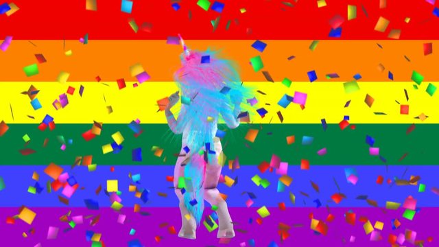 Seamless funny animation of a go go dancer unicorn dancing samba with a rain colorful confetti and a rainbow background. Gay pride backdrop.