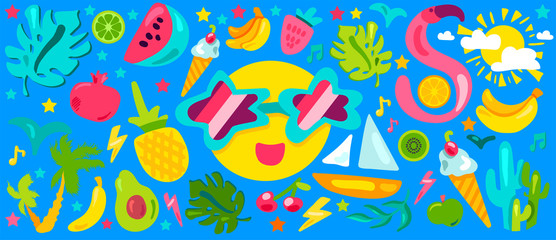 Tropical summer flat illustrations set