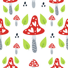Seamless pattern with mushrooms on a white background. Vector design for wrapping paper, textile.