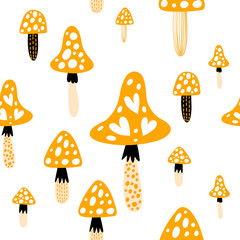 Seamless pattern with mushrooms on a white background. Vector design for wrapping paper, textile.