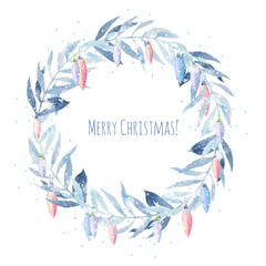 Winter watercolor wreath of blue braches and toys, hand drawn on a white background, greeting Christmas card design © nastyasklyarova