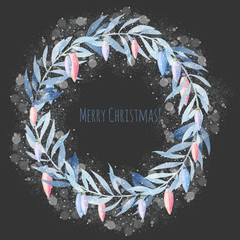 Winter watercolor wreath of blue braches and toys, hand drawn on a dark background, greeting Christmas card design © nastyasklyarova