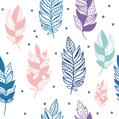 Seamless pattern with hand drawn feathers on a white background. Tribal Feathers. Vector design for wrapping paper, textile.