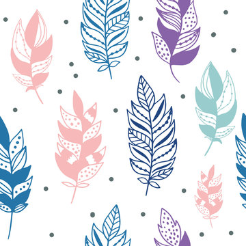 Seamless pattern with hand drawn feathers on a white background. Tribal Feathers. Vector design for wrapping paper, textile.