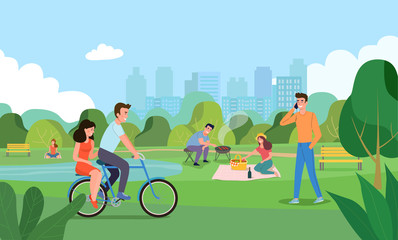 Vector summertime flat illustration. People in the park.