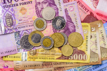 Different Hungarian banknotes and coins, 1-2-5-10 thousand forints. Europe Hungary.