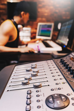 mixing console in recording, broadcasting studio