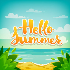 Fototapeta na wymiar Vector hello summer motivational poster with lettering and ocean 