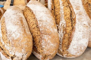 Organic country breads made with sourdough with different cereals and cooked over a wood fire