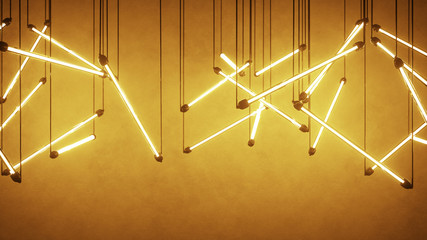Orange fluorescent light bulbs hanging 3D render illustration