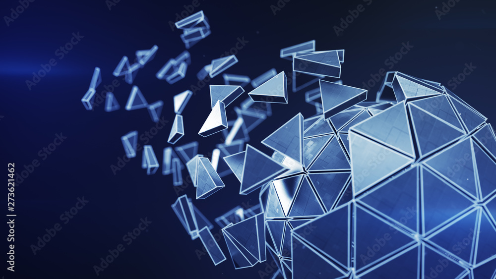 Poster spinning polyhedron and glowing edges 3d rendering