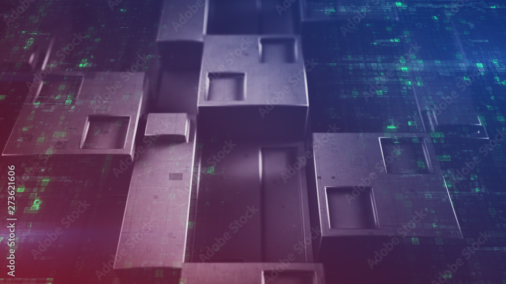 Poster sci-fi wall panel and digital code 3d rendering