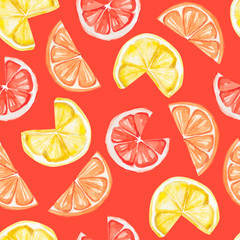 Watercolor tropical fruit pattern. lemon, orange, grapefruit print for the textile fabric, wallpaper, poster background, vibrant intense colour background