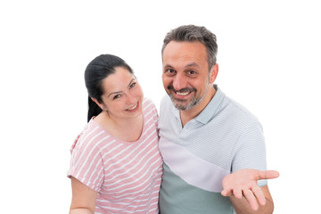 Obraz premium Man and woman making welcoming gesture