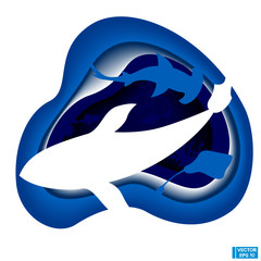 Underwater sea. Paper cut deep style. Deep blue marine life.