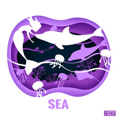 Underwater sea world with mermaids. Paper cut deep style.