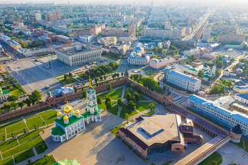 Aerial view of Tula Kremlin and Epiphany Cathedral - ancient Orthodox Church in city downtown, drone photo