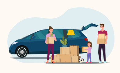 Man, woman  and girl hold boxes. Moving house. Minivan with open trunk.  Vector flat style illustration