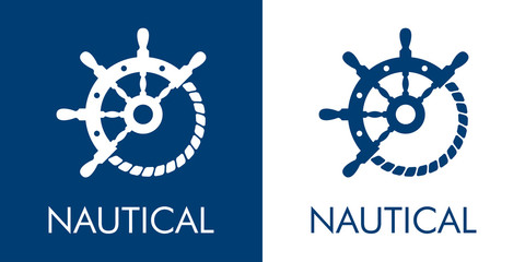 Logotipo abstracto con texto NAUTICAL con timón y cuerda en azul y blanco