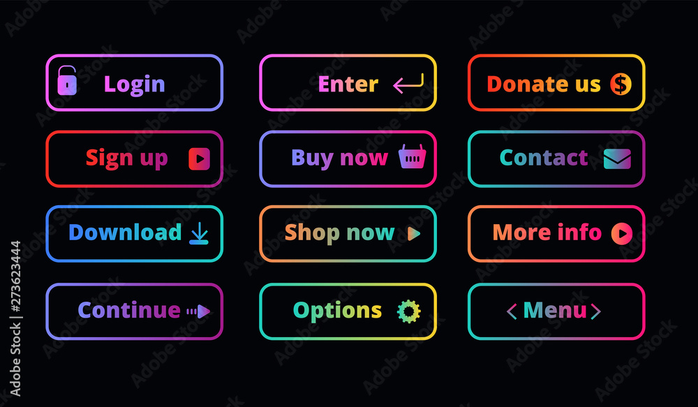 Poster gradient action buttons. neon glow frame button on dark for shopping app and banners with continue, 