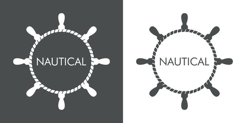 Logotipo abstracto con texto NAUTICAL en timón de cuerda en gris y blanco