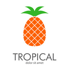 Logotipo abstracto con texto TROPICAL con piña en naranja y verde