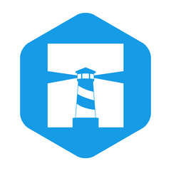 Icono plano faro en cuadrado en espacio negativo en hexágono color azul