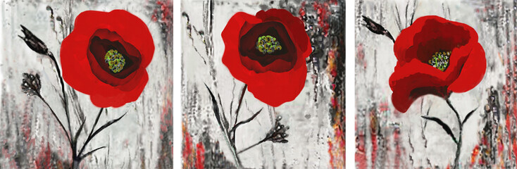 Collection of designer oil paintings. Decoration for the interior. Modern abstract art on canvas. Set of pictures with red poppies.
