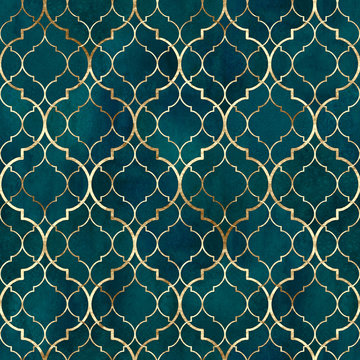 Fototapeta Watercolor abstract geometric seamless pattern. Arab tiles. Kaleidoscope effect. Watercolor mosaic