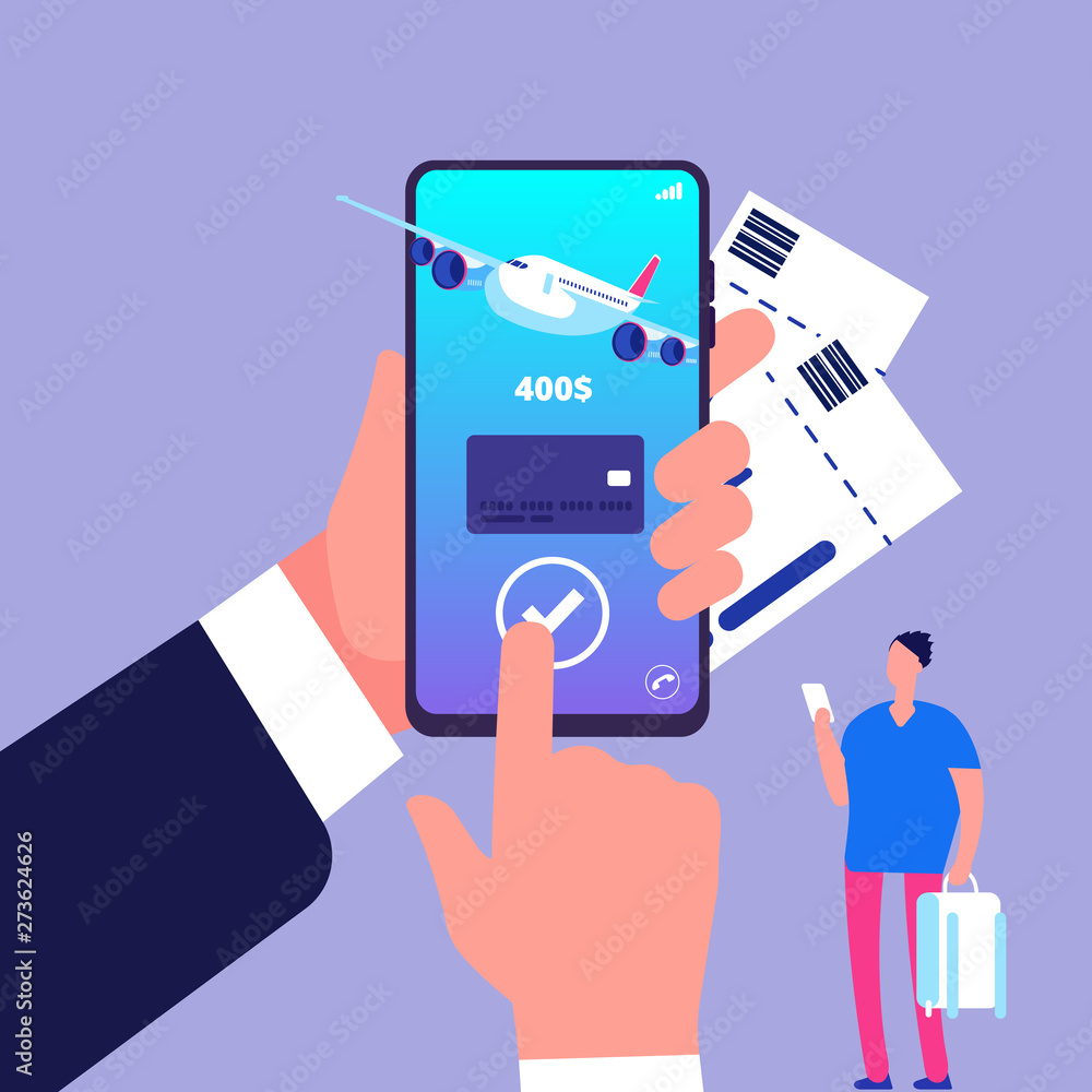 Poster Online ticket concept. Buying tickets with smartphone. Online payment vector illustration. Buying ticket to flight for travel, journey, airplane trip