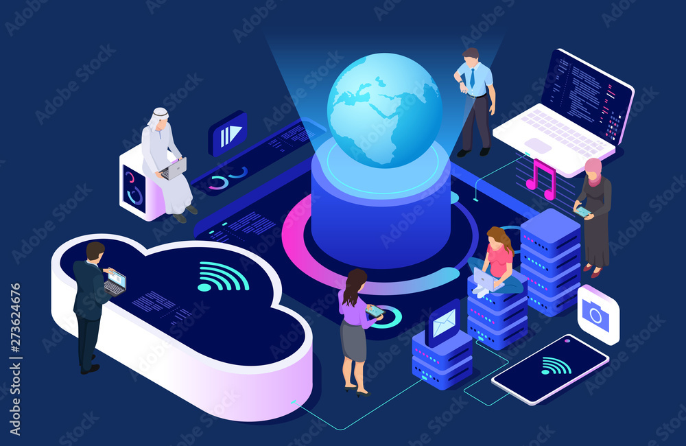 Poster social network and cloud service vector concept. isometric connecting people with wi-fi and devices 