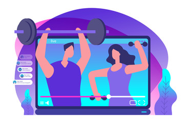 Sport livestream video. Sports bloggers vector illustration. Sport blogger media, video blogging about fitness