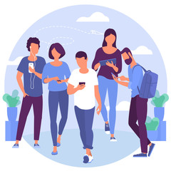 People walking with  gadgets.