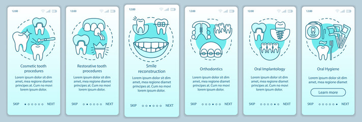 Dental clinic services onboarding mobile app page screen with linear concepts