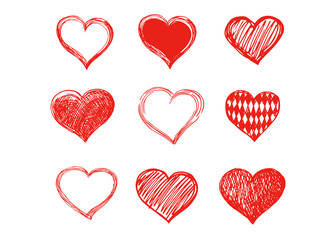 Hand drawn hearts. Valentine's day. Vector illustration of red hearts.