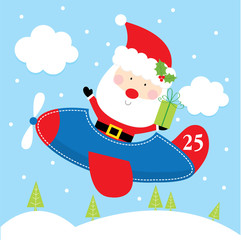 christmas card with santa on plane design