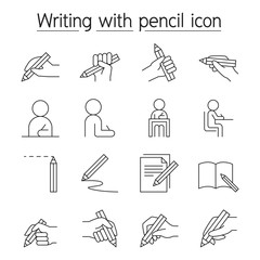 Writing with pencil icon set in thin line style