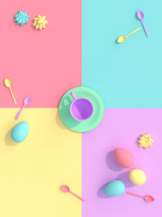 3d render image of a cup with sweets and eggs, flat lay style.