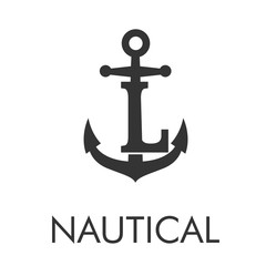 Logotipo abstracto con texto NAUTICAL con letra L en ancla en color gris